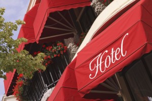 Bright red hotel awnings